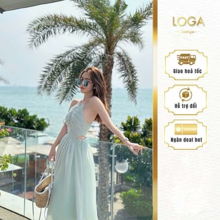 Đầm yếm khoét eo vải tơ óng xanh ngọc , váy cổ yếm nhún ngực dáng dài đi du lịch Amora_A015