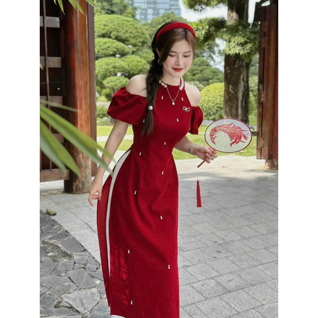 Set bộ áo dài thời trang nữ sang chảnh chất nhung cổ tròn trễ vai đính đá xẻ lai quần phi lưng thun ống đứng dài maxi