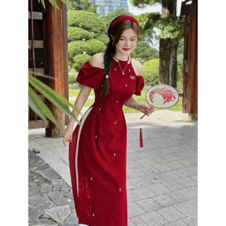 Set bộ áo dài thời trang nữ sang chảnh chất nhung cổ tròn trễ vai đính đá xẻ lai quần phi lưng thun ống đứng dài maxi