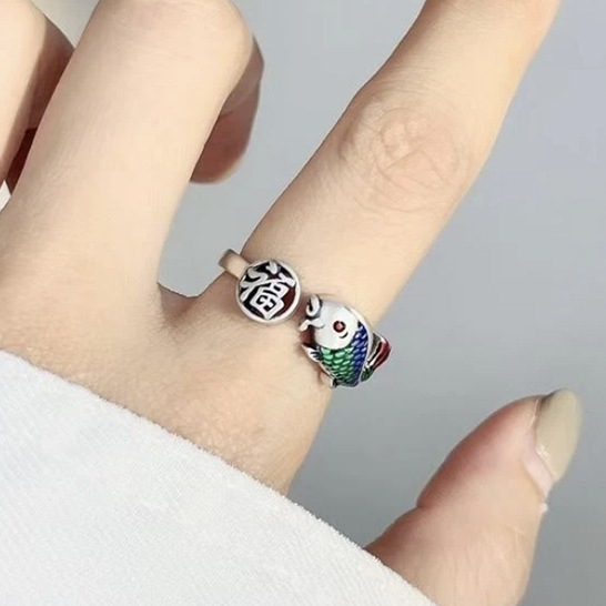 Nhẫn bạc unisex Cá chép và chữ Phước may mắn