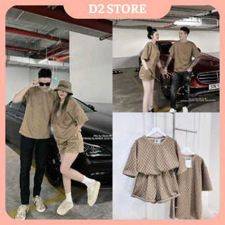 Xả Sẵn Hàng Đồ Đôi Nam Nữ Set Bộ Đồ Nữ Hoạ Tiết GC Mix Quần Sooc Đùi Kèm Áo Phông Nam Ngắn Tay Form Rộng Freesize