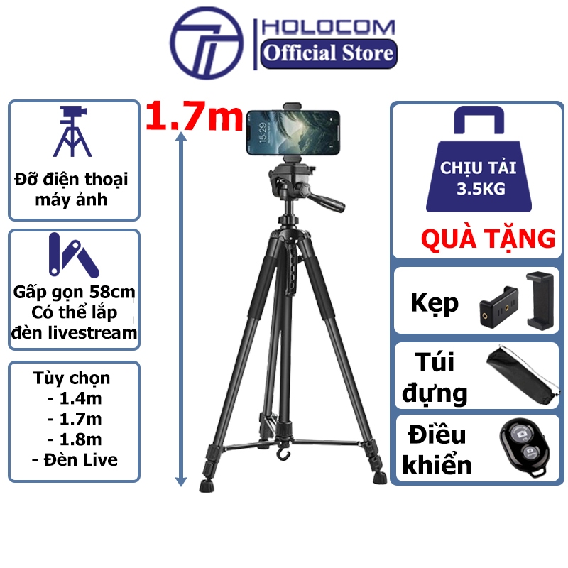 Tripod Điện Thoại Kiêm Chân Máy Ảnh 360 Độ 3 Chân Đa Năng, Điều Chỉnh Cao Thấp, Thiết Kế Chắc Chắn Cao 170cm - HOLOCOM