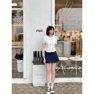 Set áo sơ mi cổ sen chun tay cộc phối ren mix chân váy bò xoè xếp li siêu xinh