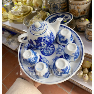 Bộ ấm chén trà thờ, ấm chén thờ men lam bát tràng