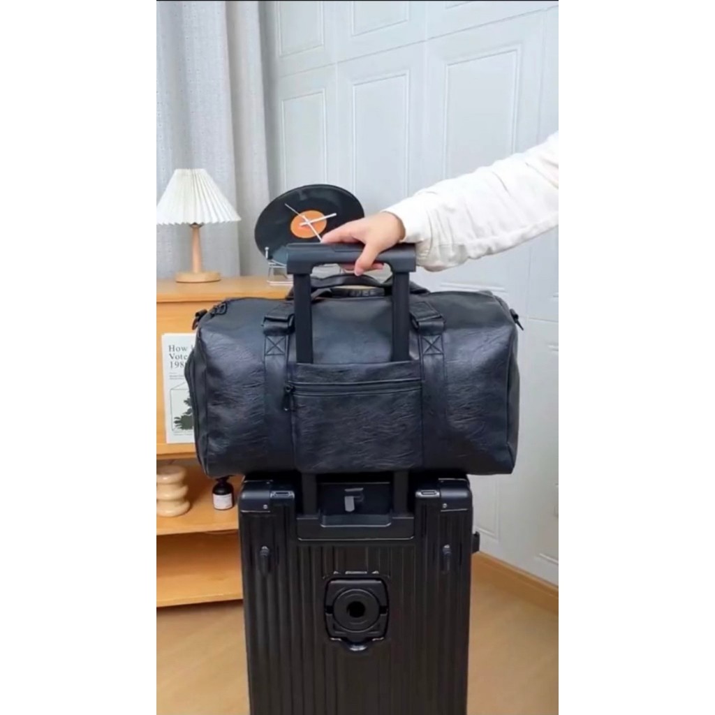 Túi du lịch da đựng quần áo có đai cài vali BL09 Túi trống thể thao da cao cấp có ngăn để giày chống nước, ngăn bụi