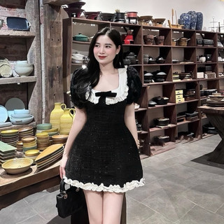D011 -Đầm Váy Dạ Tweed Thiết Kế Tay Bồng Phối Bèo Trắng Đính Nơ Tiểu Thư Sang Chảnh