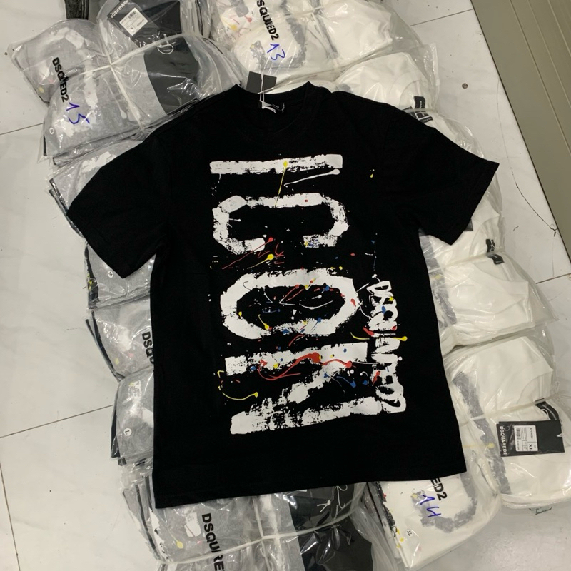 Áo phông nam nữ Premium Cotton DSQ in hoạ tiết chữ ICON loang vảy sơn dọc thân cổ bo dày dặn AP375P