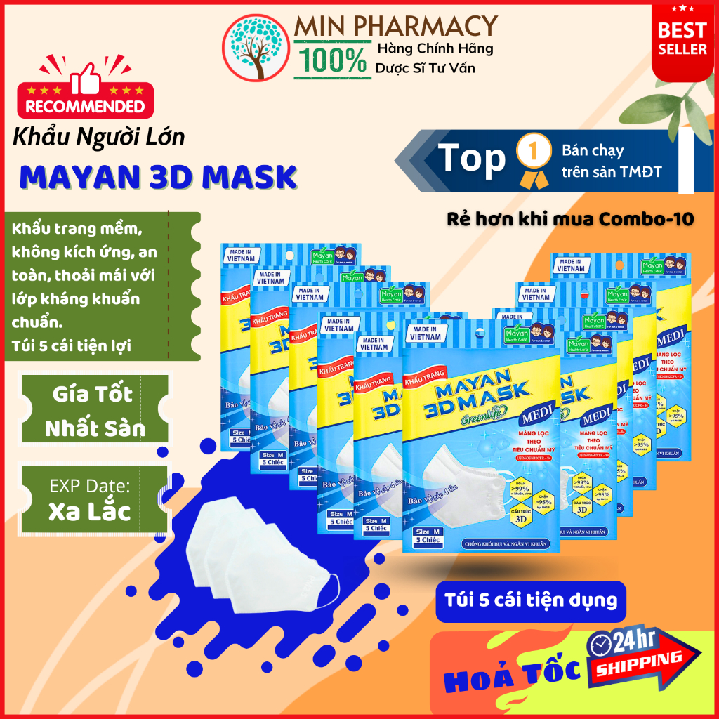 COMBO 10 TÚI Khẩu Trang người lớn MAYAN 3D Mask PM 2.5 MEDI màu trắng (túi 5 cái) - Minpharmacy