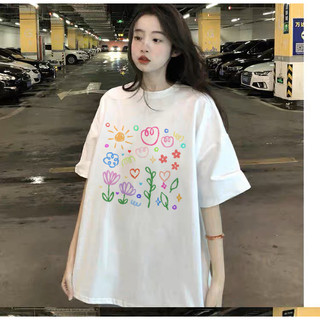 Áo Thun Cổ Tròn Form Rộng Thiết Kế Hoa Lá Tay Lỡ Chất Vải Mềm Mịn Thoải Mái Unisex