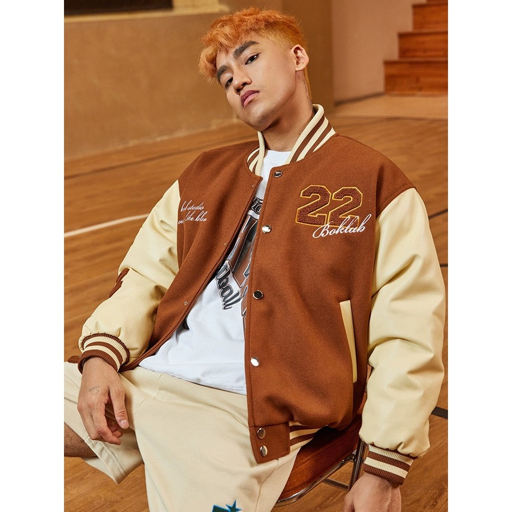 Áo khoác Varsity Bomber Jacket hoạ tiết thêu lót bông dày dặn tay da phong cách bóng rổ