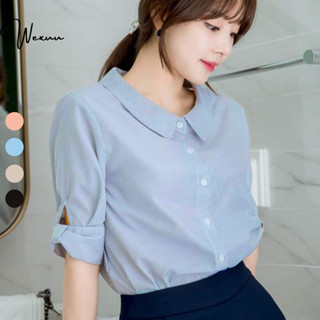 Áo sơ mi nữ công sở Wexuu Design tay lỡ kẻ cổ sen chất liệu Kate cao cấp - BS11