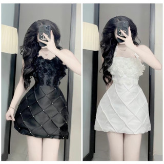 Đầm dự tiệc cổ yếm phối hoa nổi Váy Prom Dáng Ngắn Màu Đen Sang Chảnh [có Bigsize]