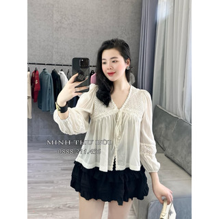 Áo sơ mi babydoll thô đũi pha ren hàng QC