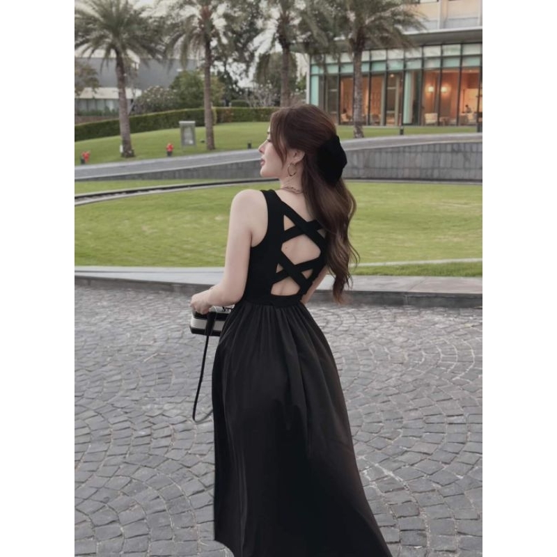 (có mút) Đầm xòe hở lưng qua gối