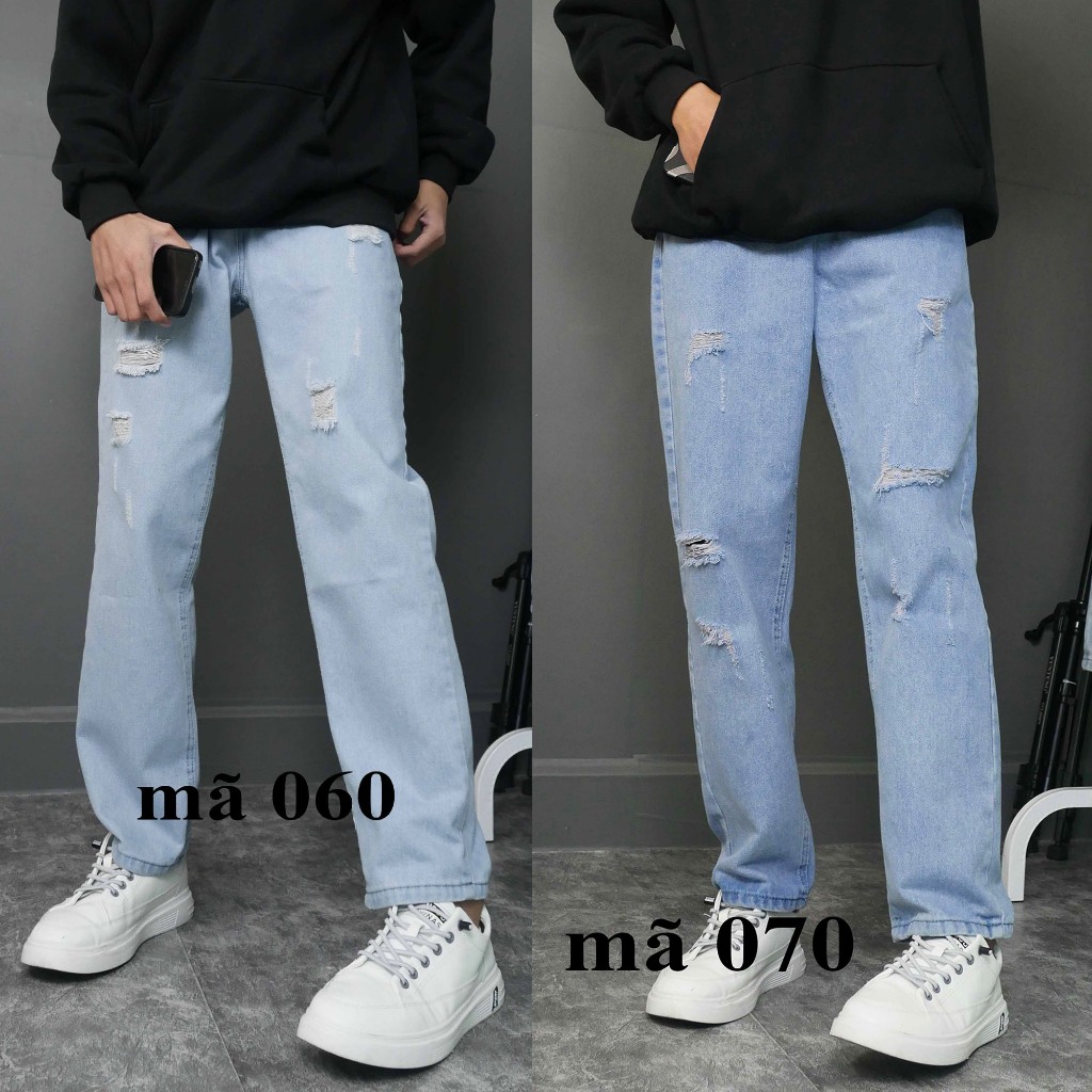 Quần jean nam nữ rách dáng baggy suông màu xanh trắng nhạt mài rách xước gối đùi đẹp 050 Pon.mens