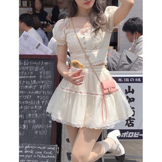 ( Chuẩn L1 + Ảnh Thật ) Set Áo Croptop Tay Bồng Viền Ren Đính Nơ Hồng Mix Chân Váy Chữ A Xoè Bồng 2 Lớp Màu Kem