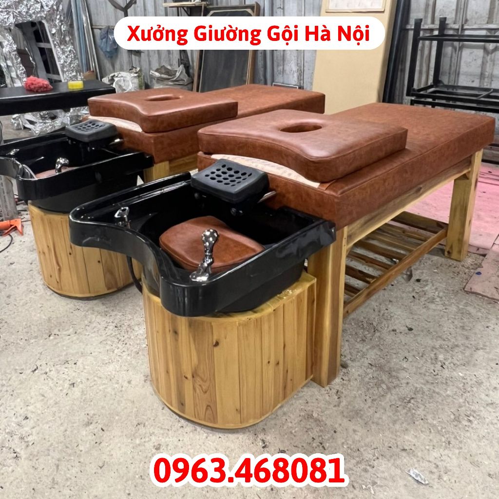 Giường Gội Đầu Dưỡng Sinh, Giường gội đầu 2in1 bọc đệm dày dặn da nâu khung gố keo chắc chắn cao cấp dành cho salon, spa