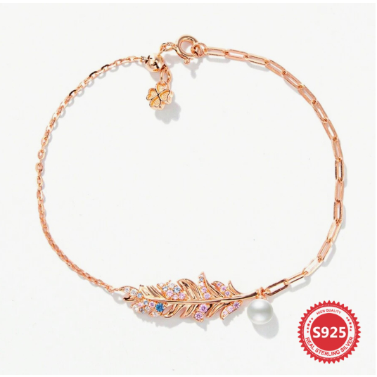 (139S) Lắc tay lông vũ cao cấp, chạm khắc từ bạc mạ vàng hồng đính kim cương moissanite và Ngọc trai tự nhiên