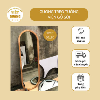 Gương treo tường viền gỗ xồi hình chữ nhật oval hình con nhộng treo tường trang trí phòng khách phòng ngủ Gương Decor