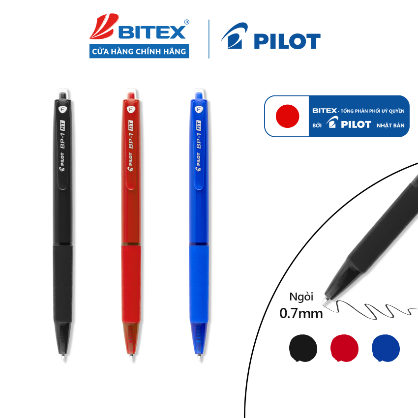 Combo 3/5 Bút Bi Bấm Pilot BP-1RT 0.7mm - Ngòi Siêu Bền - Xanh / Đen / Đỏ - Chính Hãng Bitex