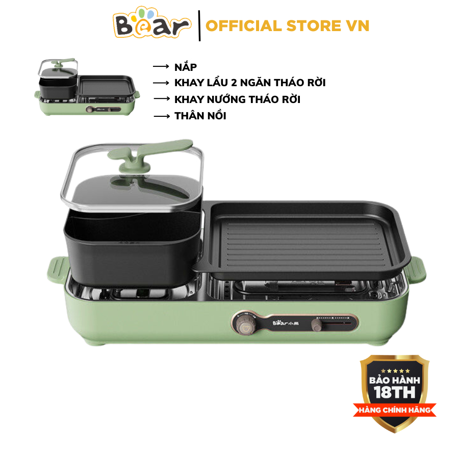 Nồi lẩu nướng điện mini 2 in 1 Bear DKL-C16C1, CS 1800W, Đa Năng Lẩu 2 ngăn, Chống dính, BH 18 Tháng