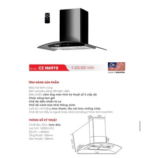 Máy hút mùi kính cong Canzy CZ M6970, Nhập khẩu Malaysia