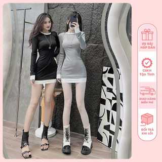 Đầm Ôm Body Tay Dài Phối Viền Trắng Siêu Tôn Dáng - chất thun bozip, Freesize 40-55kg