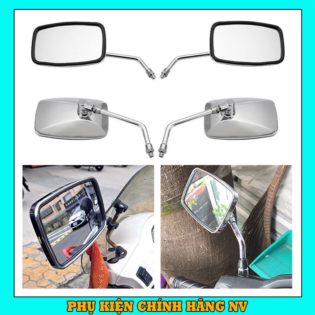 Gương xe máy thời trang mẫu vuông lớn xi inox moto cán sắt gắn chân gương, kính chiếu hậu cho AB, SH, SH Mode, Wave,…