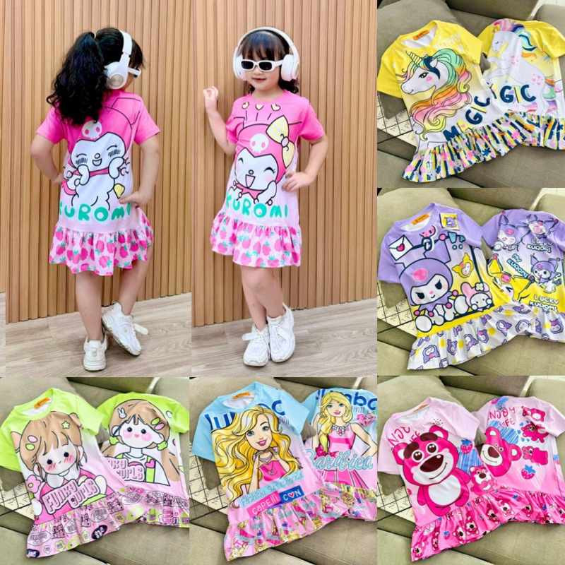 11-45kg đầm váy bé gái gấu dâu, kuromi, công chúa thun lạnh 3D mềm mịn mát mặc bền đẹp