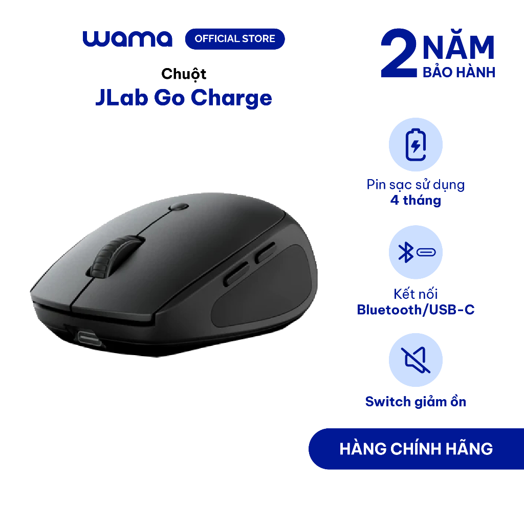 Chuột JLab không dây Go Charge màu đen, Bluetooth 5.0, pin sạc dùng 4 tháng, kết nối 3 thiết bị, DPI