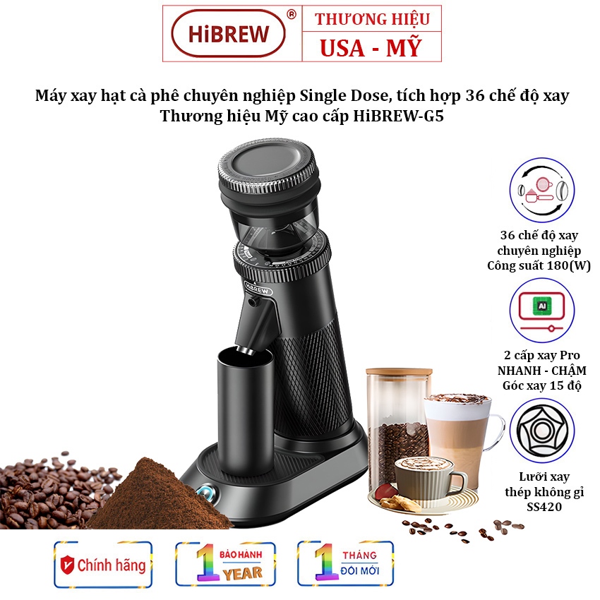 [1 Năm BH] Máy xay hạt cà phê chuyên nghiệp Single Dose G5 Thương hiệu Mỹ HiBREW, Công suất 180W, 36