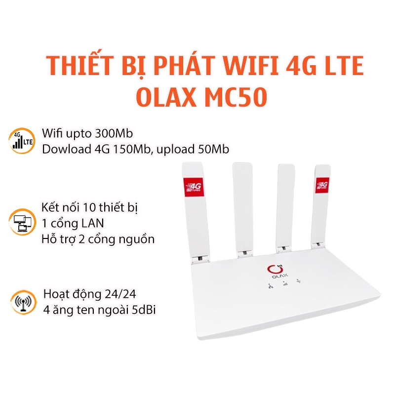 Bộ phát wifi 4G LTE Turbo HICO OLAX MC50, 4 ăng ten ngoài , nguồn type-C và 12v, kết nối 32 thiết bị