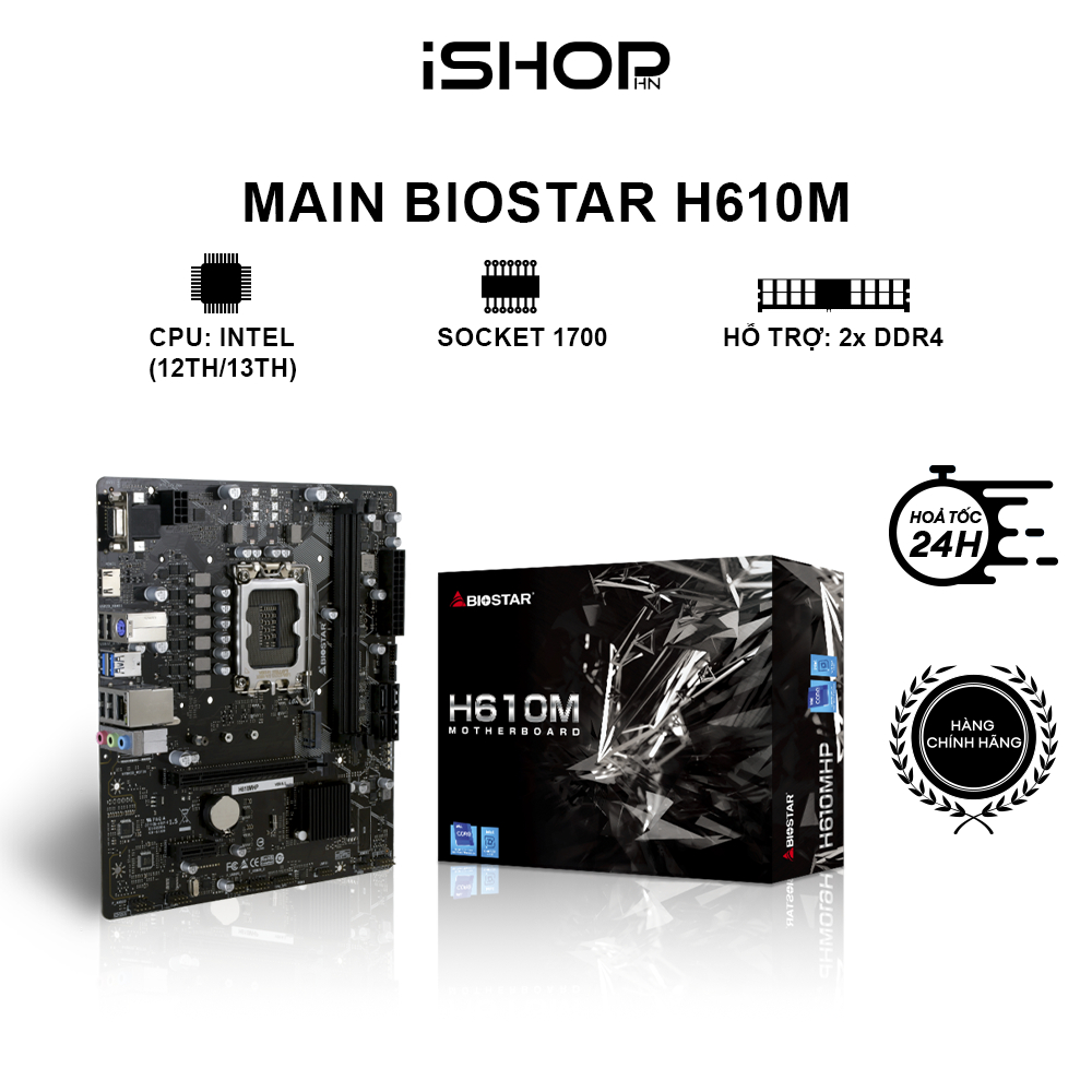 Mainboard Biostar H610MHP CPU Intel (12th/13th/14th), Socket 1700, mATX, DDR4, HDMI/VGA - Bảo hành 3 năm | BigBuy360 - bigbuy360.vn