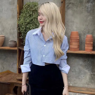 Áo sơ mi kẻ croptop phối viền tay vạt lệch MYRA Somicrt3195/P1K10