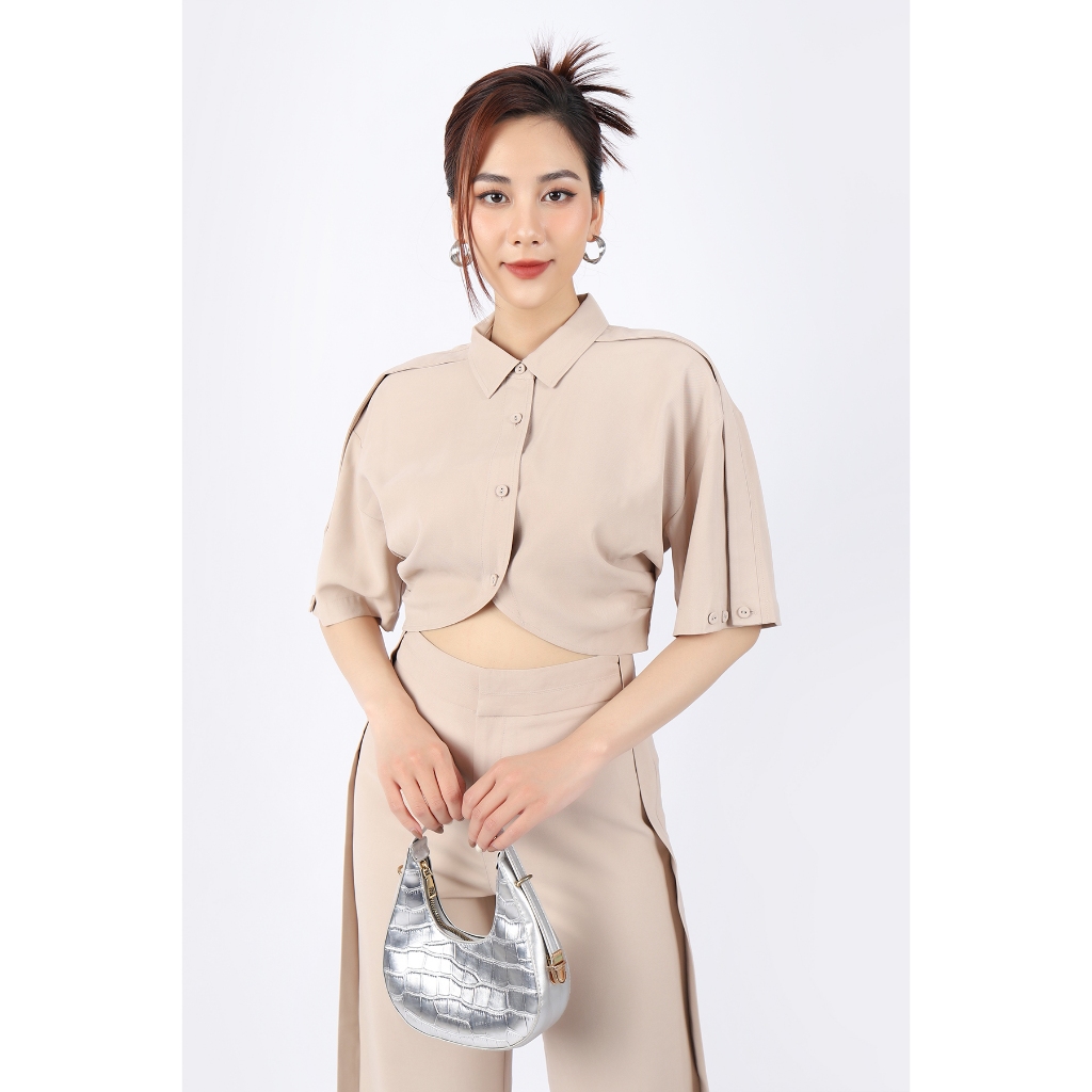 BAS32815 - Áo kiểu công sở vải thô dáng croptop cổ đức cài cúc tay liền eo xếp nhún tạo kiểu - PANTIO