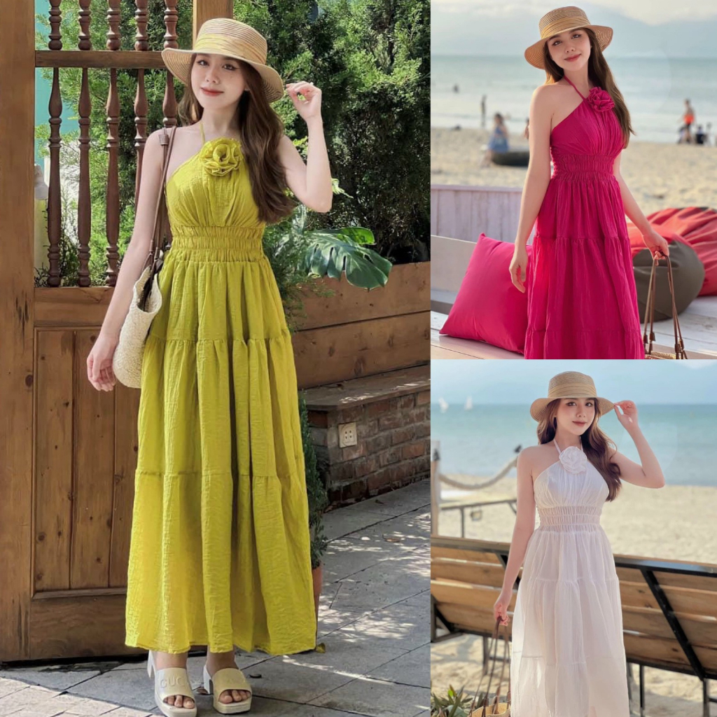 Đầm maxi cổ yếm đính bông bo chun eo dáng dài đi biển, váy dạo biển dáng xoè sang chảnh
