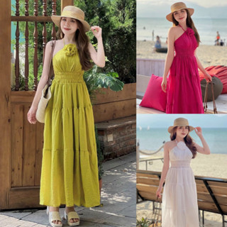 Đầm maxi cổ yếm đính bông bo chun eo dáng dài đi biển, váy dạo biển dáng xoè sang chảnh