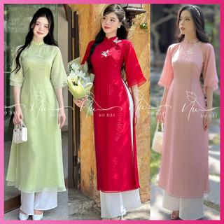 Áo dài Ngọc Điệp màu xanh bơ 4 tà, chất voan tơ óng cao cấp trong lót lụa mềm ,hàng cao cấp