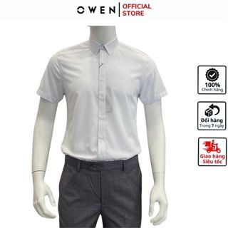 Áo sơ mi nam ngắn tay OWEN AS230047N somi công sở cao cấp màu dobby trắng vải sợi tre dáng ôm tà lượn không túi