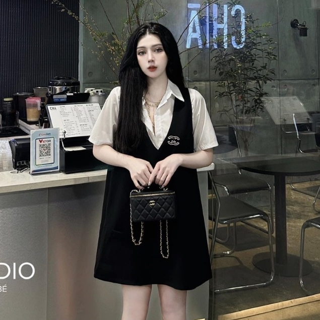 Set Váy yếm dáng A + áo sơ mi cộc tay - Dungpham Boutique