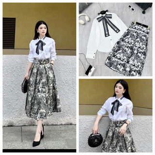 Đẹp lắm các nàng ơi Tieu thu thanh lich tôn dáng dã man Set eo sơ mi nơ kèm cv lụa Cap cao bao