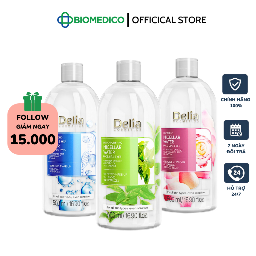 DELIA COSMETICS MICELLAR WATER / Nước tẩy trang DELIA Micellar sạch sâu, cấp ẩm, dịu nhẹ, cân bằng độ ẩm cho da 500ml