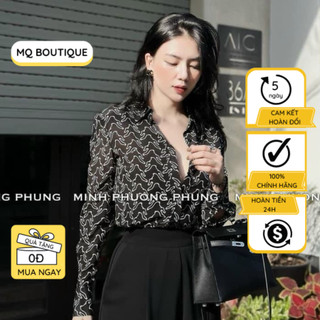 Áo nữ sơ mi lụa dài tay cao cấp công sở họa tiết vệt rối trắng trang nhã, áo sơ mi họa tiết thiết kế MQ Boutique
