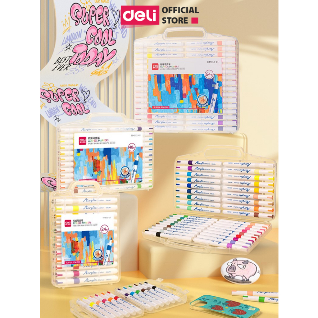 (Bản mới) Bút Acrylic Marker Deli - Màu vẽ trên nhiều Chất liệu Cho Bé Sáng tạo - Hộp nhựa có quai xách An toàn cho trẻ