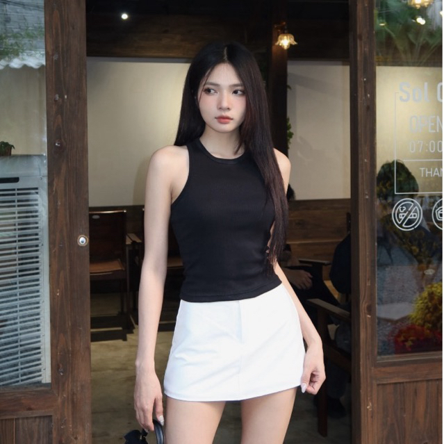 Áo ba lỗ cổ tròn dáng dài nữ HHVINTAGE kiểu basic co dãn Top A48