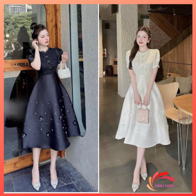 Váy Thiết Kế Tay Phồng Ren Nơ Kết Hoa Dự Tiệc Sang Trọng Size S M L Chất Taffa V520 AĐ BOUTIQUE