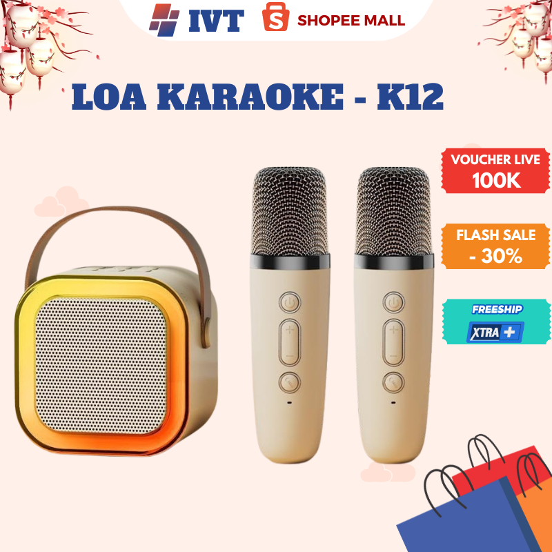 Loa bluetooth karaoke K12 Không Dây mini Kèm 2 Micro Thiết Kế Nhỏ Gọn-VD.STORE