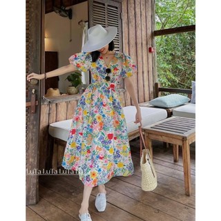 Đầm Maxi Dáng Dài Xòe Bồng Cổ Tim Tay Bồng Dress Xinh Xắn Phối Họa Tiết Hoa Lá 7 Sắc Màu Style Ngọt Ngào yuna68 D005
