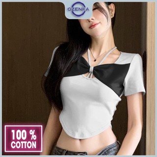 Áo baby tee croptop vạt bầu trắng đen kiểu ôm body thun cotton nữ ozenka , crt sang chảnh xinh tôn dáng mặc đi học đi ch