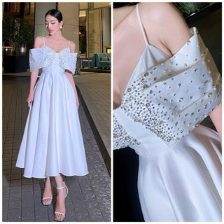 Đầm midi xoè TRIPBLE T DRESS trễ vai 2 dây kết cườm - Size S/M/L - MS86Y